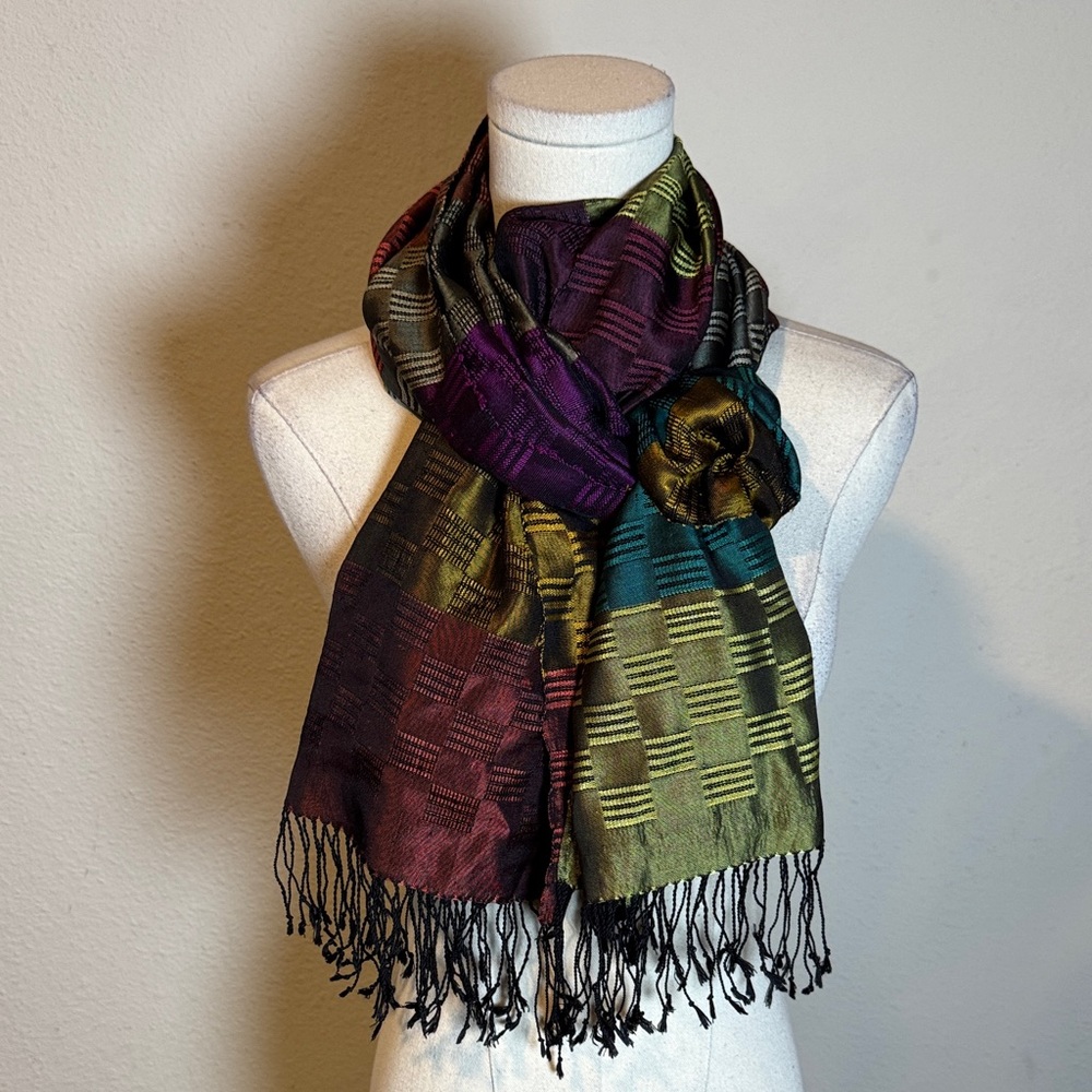 Jewel Tone Multicolored Scarf with Fringe